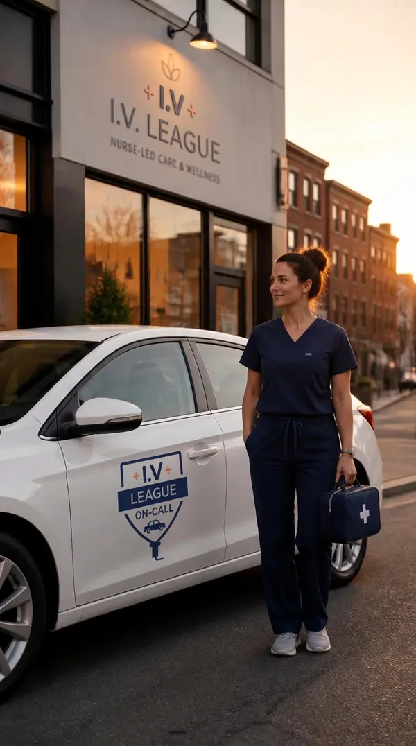 I.V. League On-Call nurse beside a branded car outside an I.V. League store