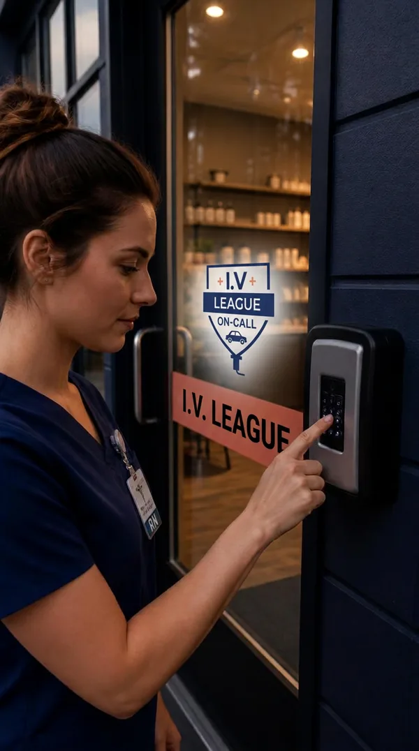 Nurse entering her secure code at the I.V. League store door