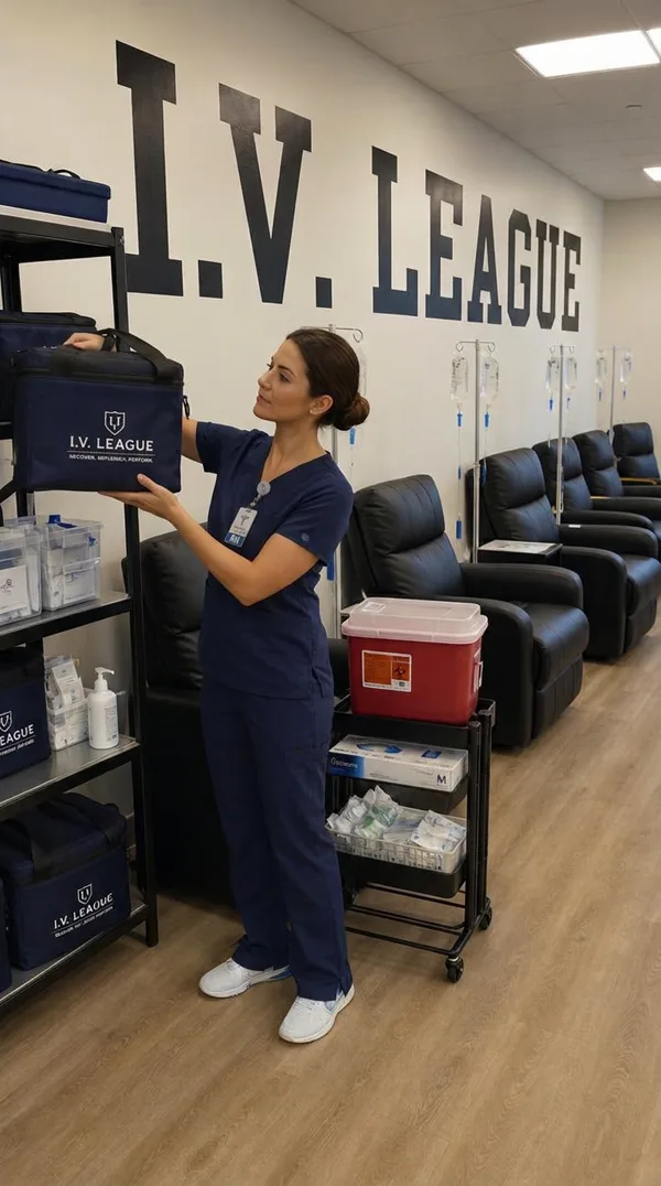 Nurse collecting a prepared infusion kit inside the I.V. League store