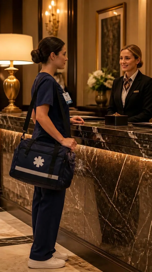 Concierge nurse checking in at a hotel reception desk