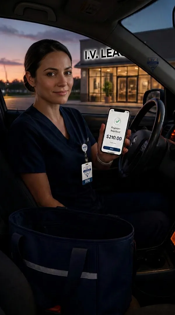 I.V. League On-Call nurse viewing a completed payment on her phone